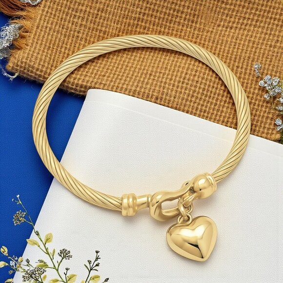 🆕️18K Gold Plated Dainty Cable Bangle Bracelet With Heart Charm Stainless Steel - Picture 8 of 11